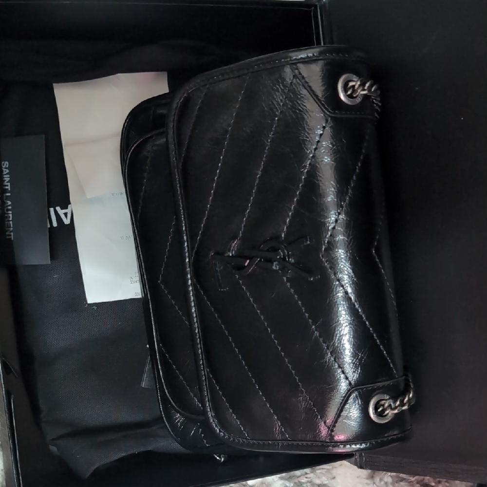 Saint Laurent Black Quilted Patent-Effect Monogram Shoulder Bag